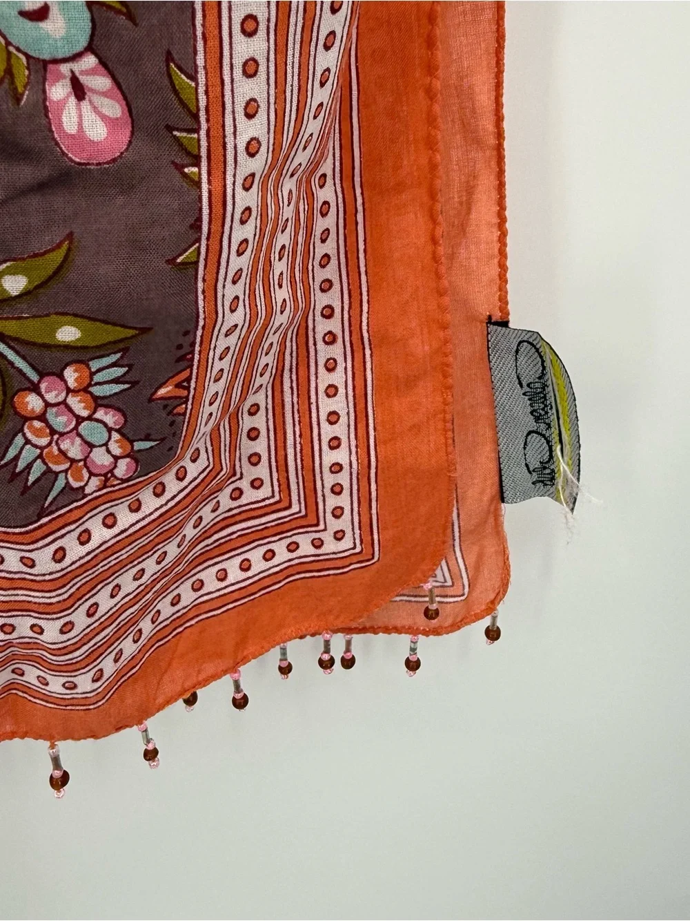 Brown Floral Print Scarf Long Beaded Fringe Boho Wrap Accessory Orange